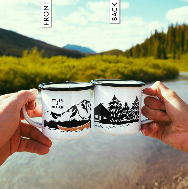 Custom Text Enamel Camping Mug -  Lake & Canoe Design