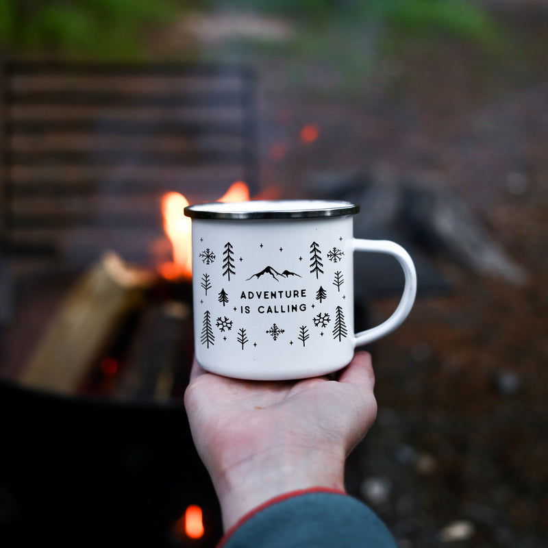 Adventure Is Calling Winter Coffee Mug - Snowflakes Design