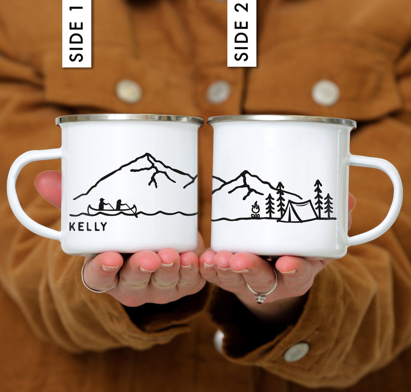 Front and back view of canoe camping mug 