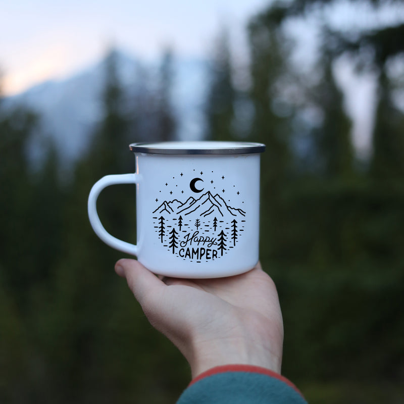 Front view of happy camper mug